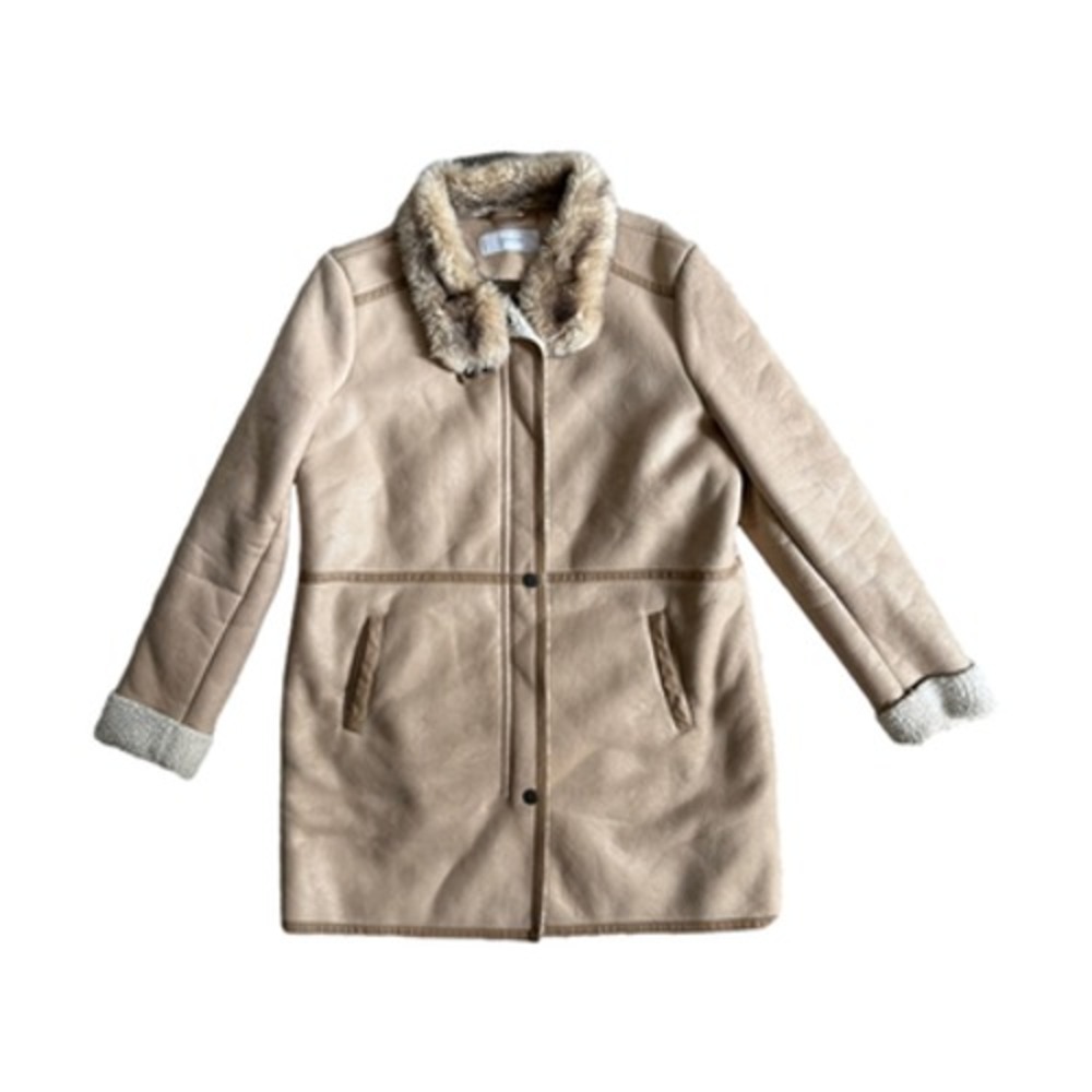 Tahari Faux Shearling‎ Aviator Bomber Jacket Women's Beige Fur Trim Coat